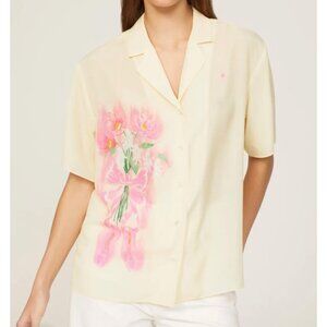 Sandy Liang Imo Top Cream Short-Sleeve With Pink Ballet Shoe Print Womens Size M